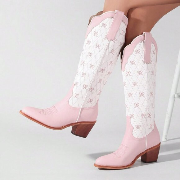 Baby Pink Elegant Women's Knee High Cowboy Boots with Embroidery - Picture 1 of 5